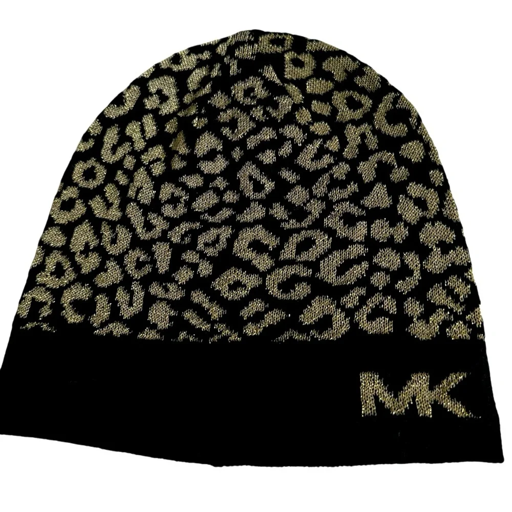 Michael Kors Black & Gold Soft Metallic Leopard Print Logo Hat/Beanie OS NWT
